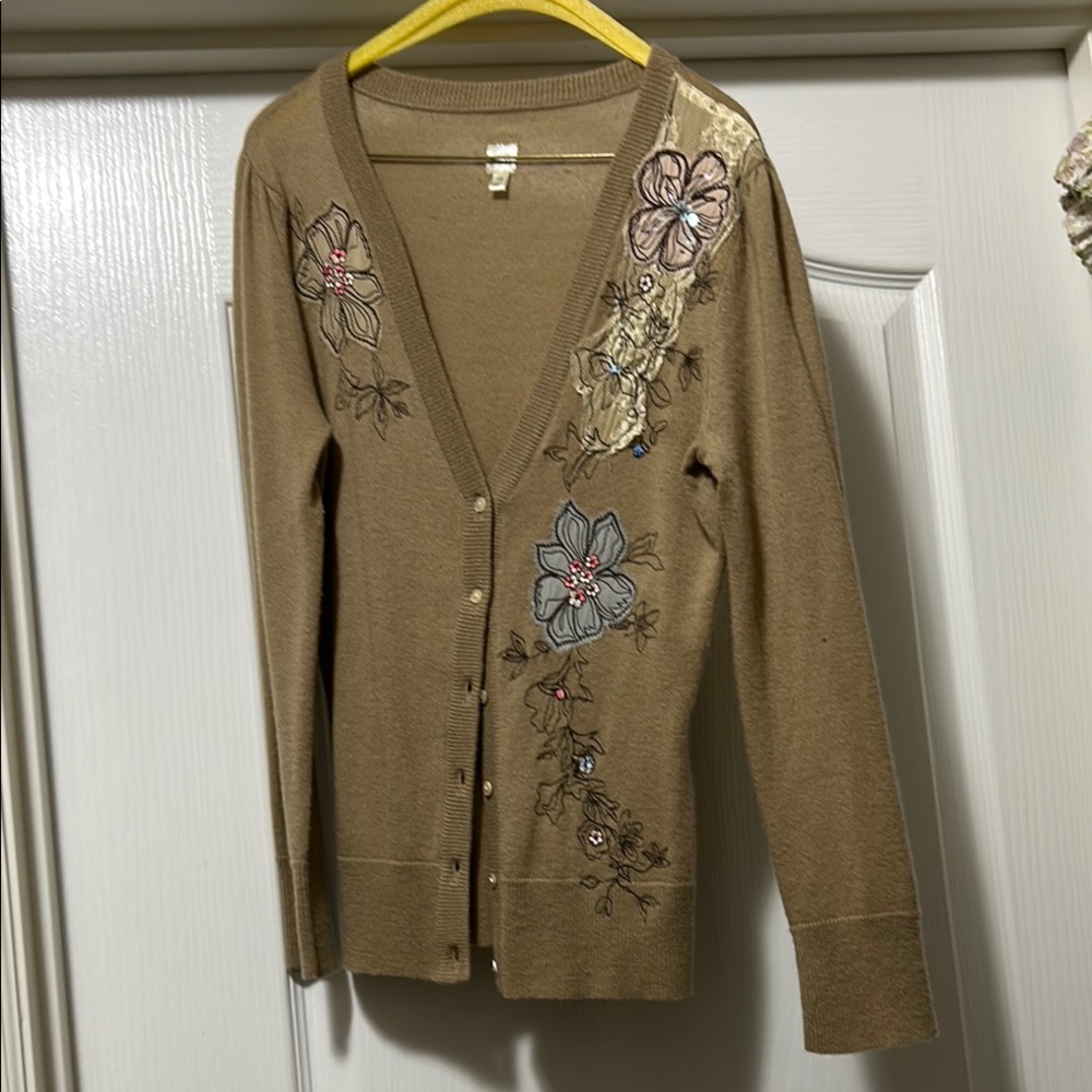 Tan Future Paradise cashmere Knit Cardigan with Floral Embellishments